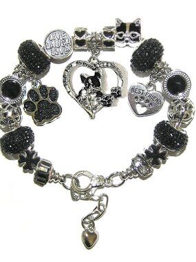Boston Terrier Bracelet, Best Friend With Sparkly Black European Beads & Charms
